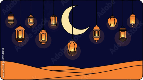 Ramadan Lanterns and Crescent Moon.