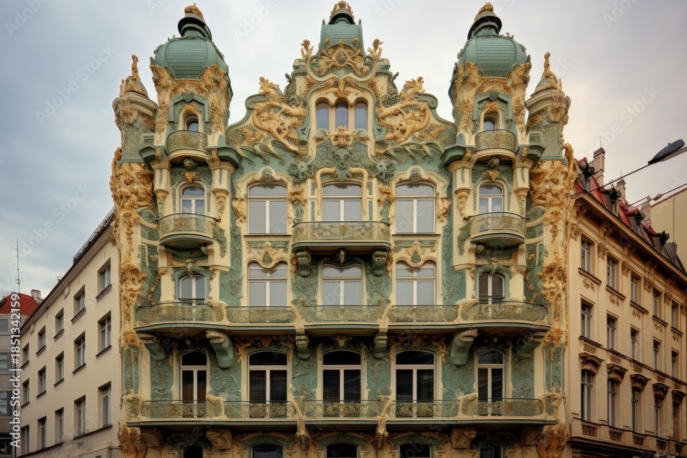 Fototapeta premium Ornate art nouveau building facade with intricate details and balconies against a cloudy sky