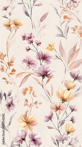 Colorful floral pattern featuring various flowers and delicate leaves on a light background
