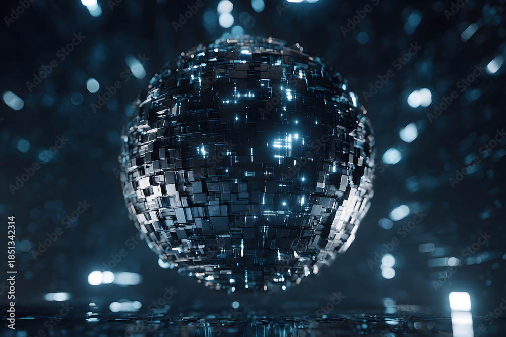 Obraz premium Futuristic metallic sphere illuminated with light in a digital space environment