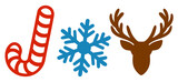 joy. Christmas Holiday Set with Candy Cane, Snowflake and Reindeer Head