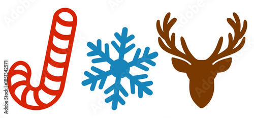 joy. Christmas Holiday Set with Candy Cane, Snowflake and Reindeer Head