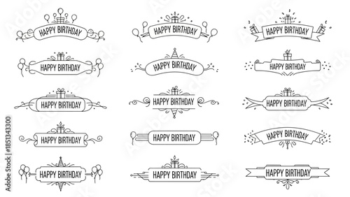 A charming collection of elegant line art 'Happy Birthday' banners and decorative frames, perfect for festive celebration designs and greeting cards.