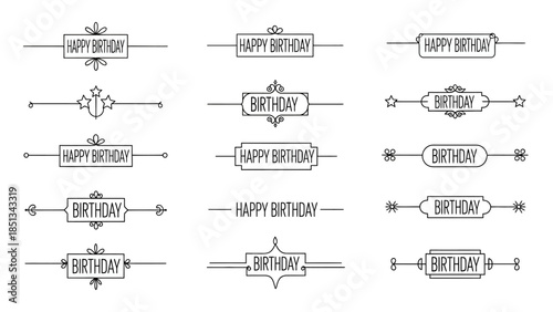 An elegant assortment of black and white line art birthday banners, decorative frames, and text dividers, ideal for invitations and digital designs.