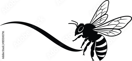 Bee, silhouette, flying, insect, honeybee, nature, wildlife, pollinator, winged, animal, graphic, symbol, isolated, white, background, illustration, vector, design