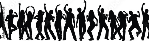 Dancing, people, silhouettes, party, celebration, music, crowd, movement, energy, nightlife, festival, concert, happiness, dancefloor, isolated, white, background, vector