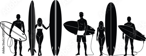 Surfers, silhouettes, people, holding, surfboards, beach, ocean, summer, sport, lifestyle, surfing, adventure, leisure, isolated, white, background, illustration, vector