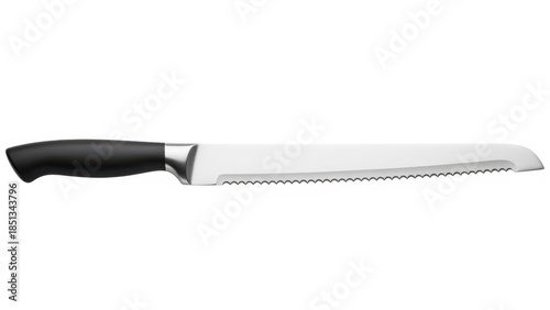Sleek bread knife with a serrated blade and black handle.