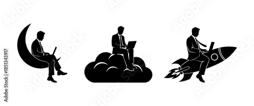 Businessman Working on Laptop Silhouette Set on Crescent Moon, Cloud and Rocket, Dream Big Business Concept.