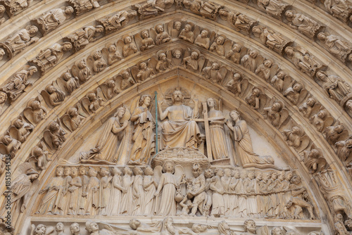 Central Tympanum Relief of Christ and Figures on Notre Dame Cathedral, Paris