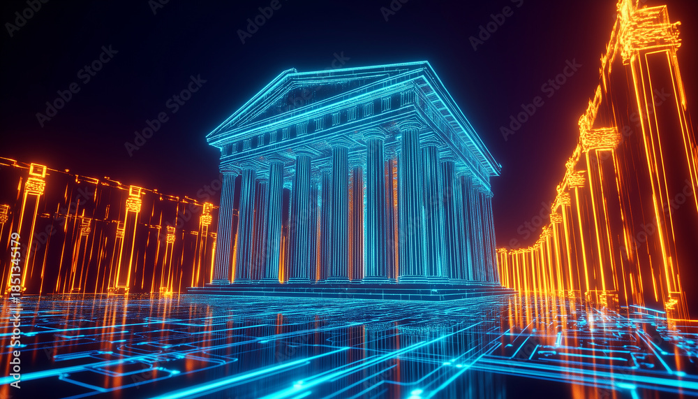 Obraz premium Glowing digital bank building with neon lines on futuristic circuit background.