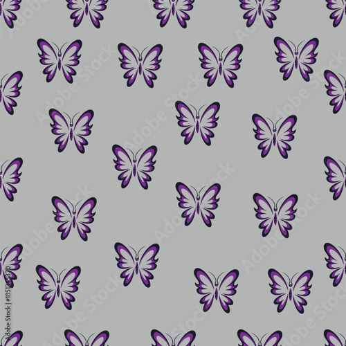 A charming and visually appealing pattern featuring butterflies, evenly spaced on a light gray backdrop. The use of purple adds a touch of sophistication, making it perfect for fabrics, wallpapers.
