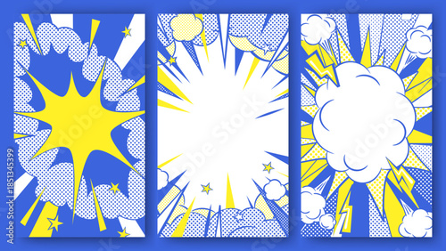 ポップアート風の吹き出しと爆発背景セット