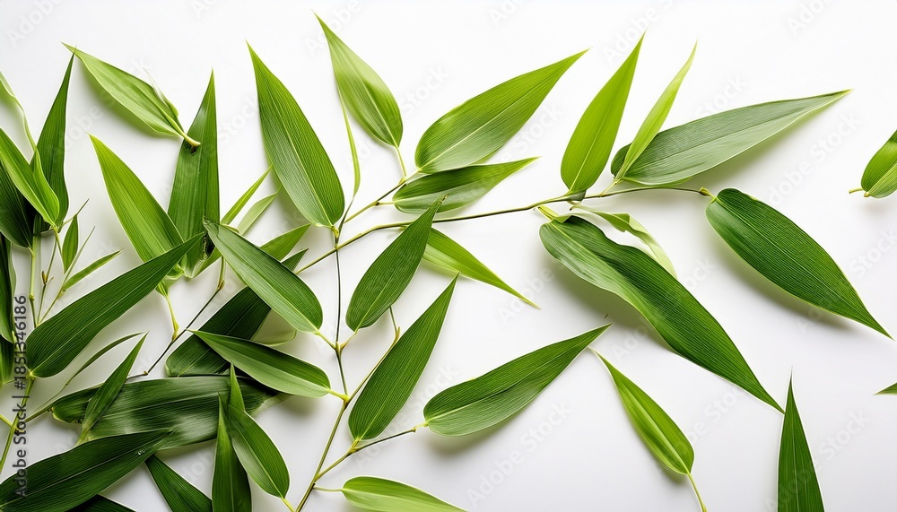 Fototapeta premium green bamboo leaves scattered on white background