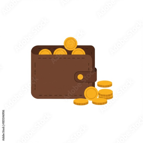 Brown Wallet with Golden Coins Stacked in Financial Wealth Illustration