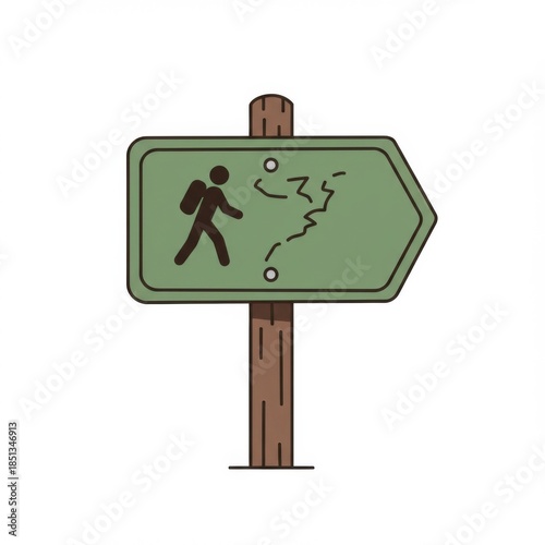 Hiking Trail Sign with Directional Arrow and Route on Brown Wood Post