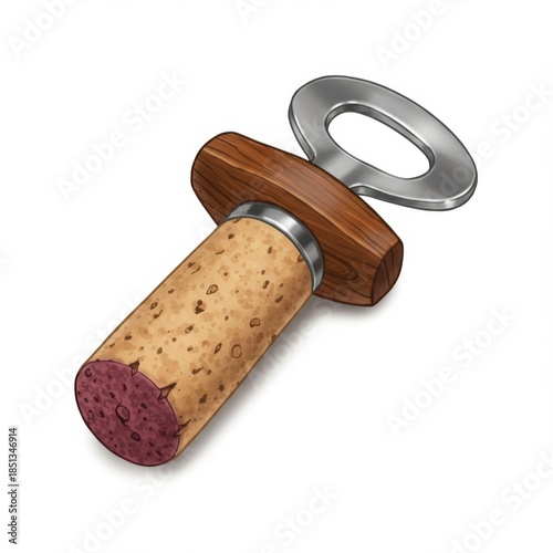 Close Up of Cork and Opener with Wooden Handle on White Background