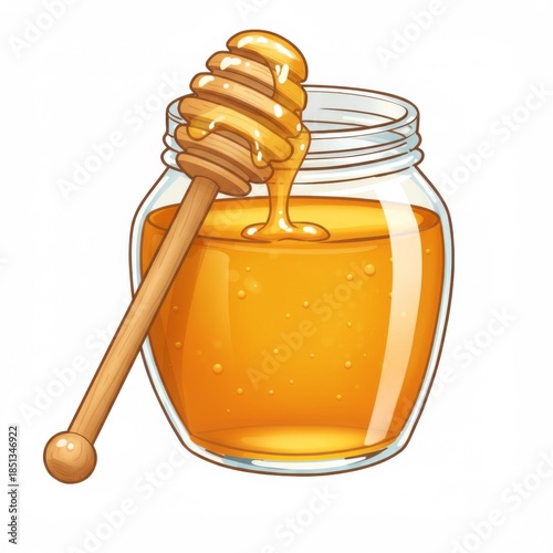 Golden Honey Dripping from Wooden Dipper into Glass Jar Illustration