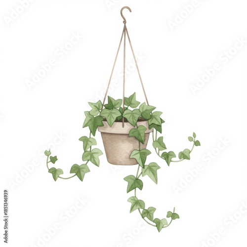 Hanging Potted Ivy Plant with Green Leaves in a Beige Pot on a White Background