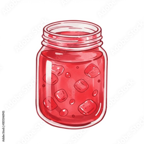 Illustration of a Red Iced Fruit Drink in a Glass Mason Jar with Vibrant Colors