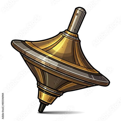 Isolated Golden Spinning Top Toy with Metallic Accents Vintage Style Illustration