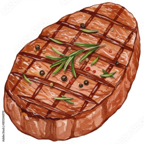Isolated Grilled Steak with Rosemary and Pepper in Watercolor Style Art