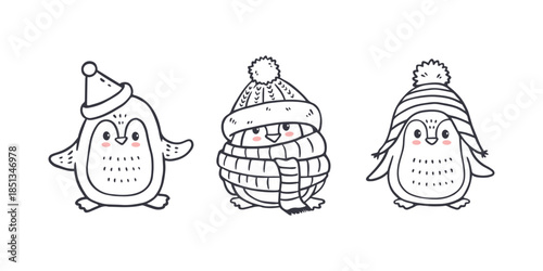 set of cute cartoon penguins is skating. Doodle illustration for kids or babies t-shirt design, room decoration, Christmas cards.  Funny penguin. Vector illustration
