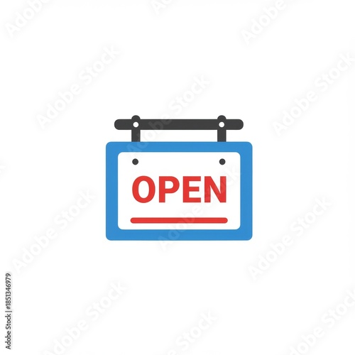Blue Framed Open Sign with Red Text in Simple Flat Design Style