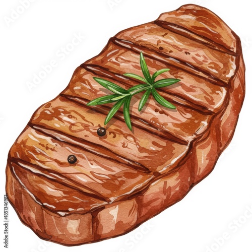 Delicious Grilled Steak with Rosemary and Pepper on White Background Illustration