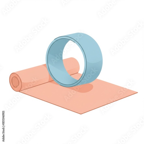 Illustration of Blue Exercise Wheel on Pink Yoga Mat for Home Workout