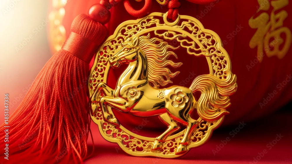 Fototapeta premium Illuminating golden horse ornament with red tassel and traditional knot for Chinese New Year 2026 decoration