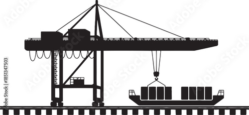 Silhouette of a large port crane loading shipping containers onto a barge cargo logistics