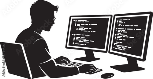 Silhouette of a man coding on dual computer monitors with keyboard and mouse programmer