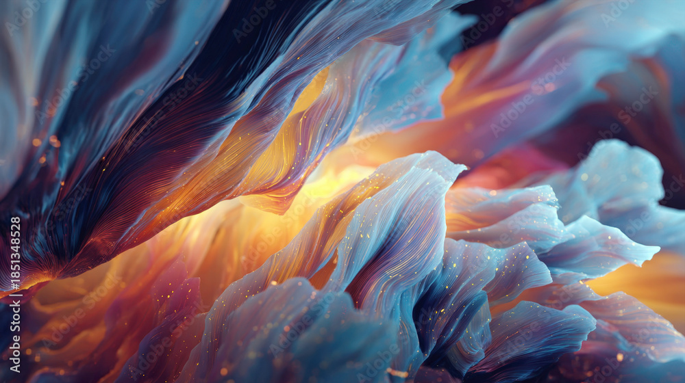Obraz premium Vibrant abstract background with swirling blue and golden silk-like textures. Features glowing dust particles and soft gradients, perfect for luxury branding, creative art, and smooth motion concepts