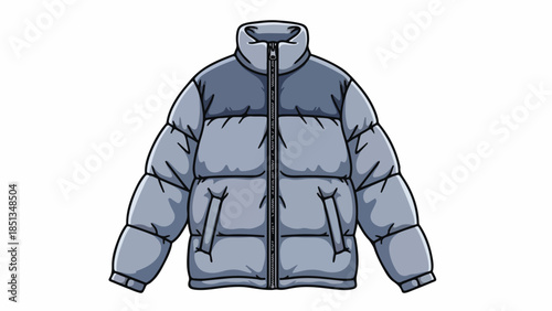 Illustration of a blue puffer jacket with a zipper and pockets on a white background.