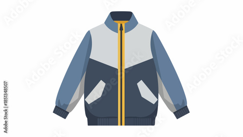 Flat lay illustration of a blue and white zip-up jacket with yellow zipper on a plain white background.