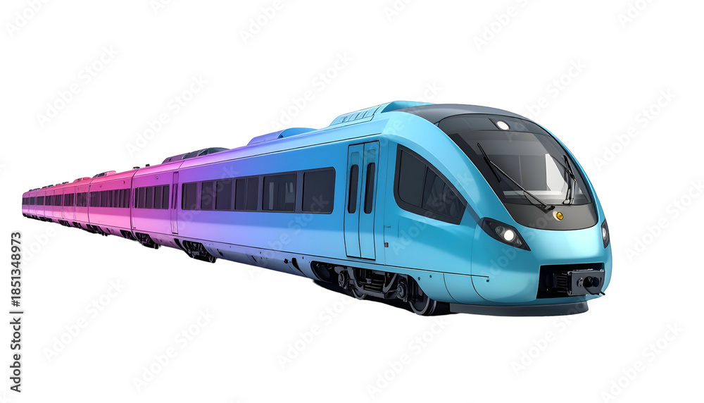 Naklejka premium A high-speed train, gradient-colored from pink to turquoise, isolated on a black background