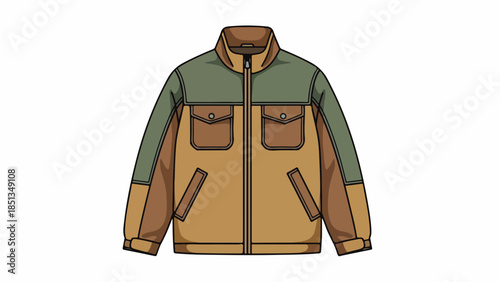 Colorful illustration of a jacket with green, brown, and tan panels on a white background.