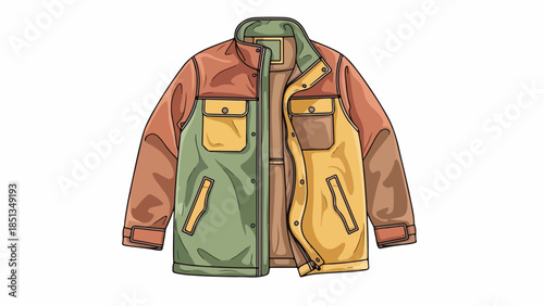 Multicolored jacket with green, yellow, brown, and orange panels on a white background.