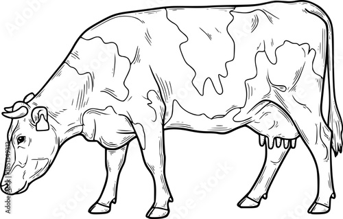 dairy cow engraving black and white outline