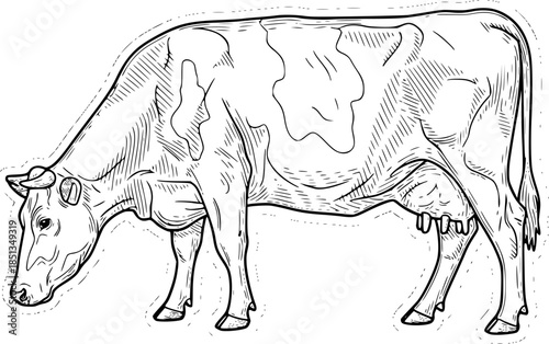 dairy cow engraving black and white outline