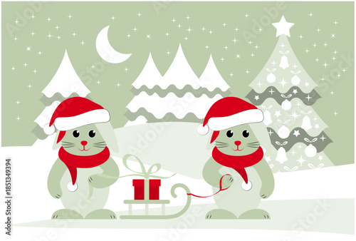 bunnies with caps and scarves and gift in snowy landscape
