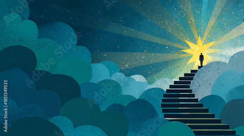 A person climbing an endless staircase toward a glowing star, symbolizing ambition. (3)