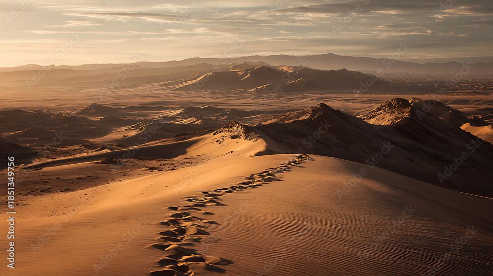 Fototapeta premium A vast desert landscape with no footprints, glowing in the golden hues of untamed freedom. (3)