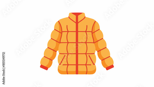 Graphic illustration of an orange puffer jacket with red accents on a white background