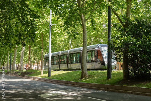 A modern tram moves silently along a tree-lined street. Toulouse, France