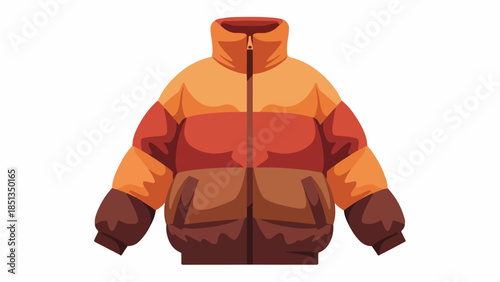Graphic illustration of a vibrant orange and brown puffer jacket with a zipper and pockets on a white background.