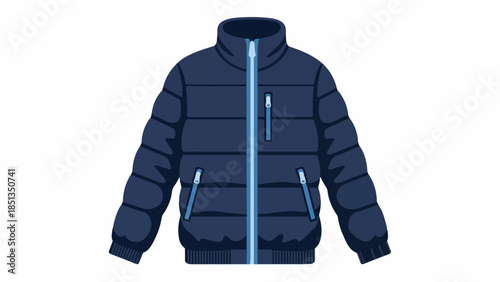 Digital illustration of a dark blue puffer jacket with light blue accents on a white background.
