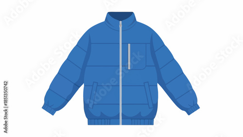 A blue puffer jacket with zipper and pockets on a white background, showcasing casual wear design.