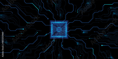 CPU Chip on Motherboard. Central Computer Processors CPU concept. Quantum computer large data processing database concept. Futuristic microchip processor. AI chip background with circuit light.